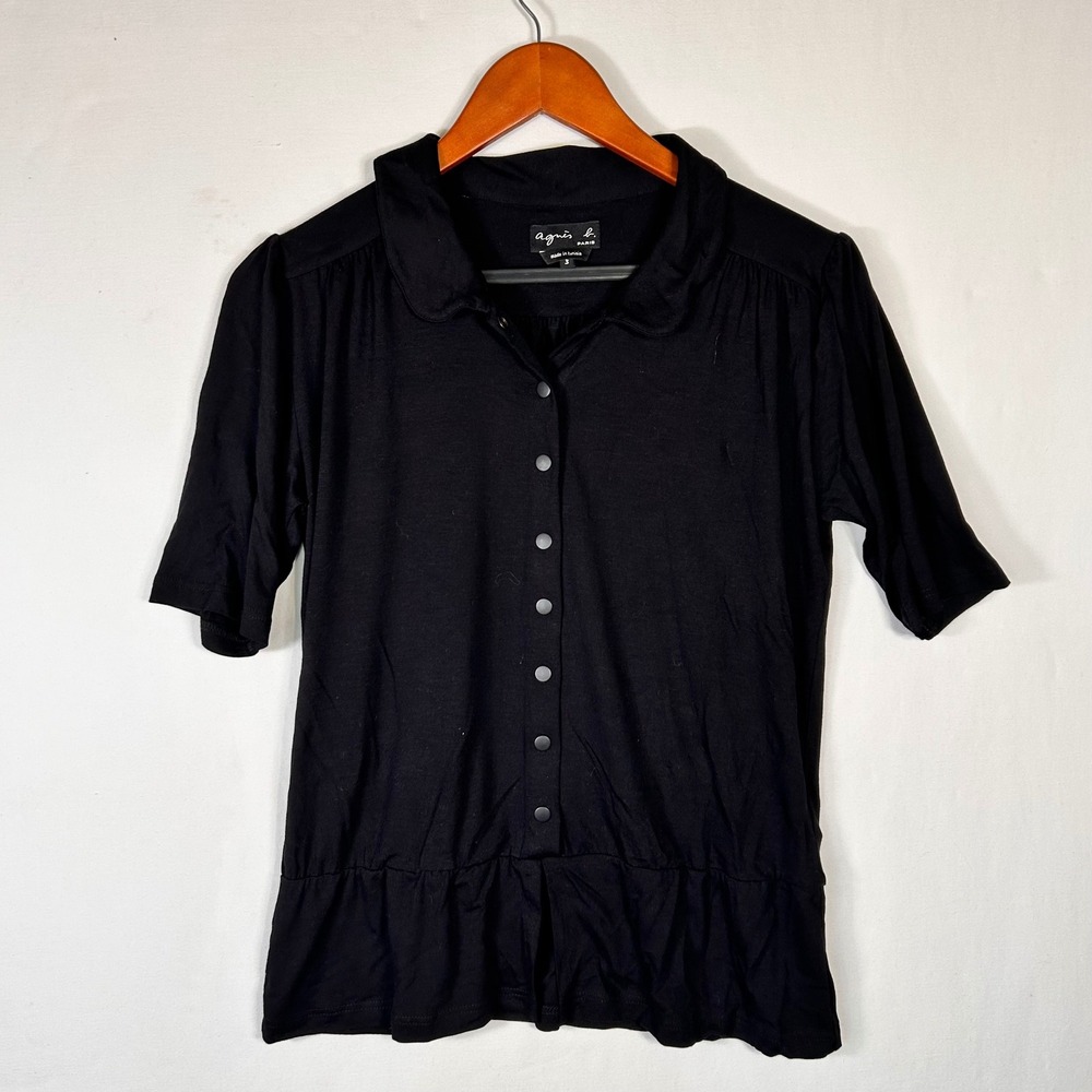 Agnes B. Paris Black Peplum Top Peter Pan Collar Button Up Short Sleeve Size 3